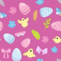 Lycklig påsk sömlös mönster. söt påsk ägg, blommor, vide träd, gul kycklingar, buggar på en rosa bakgrund vektor