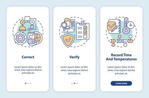 haccp i arbete onboarding mobil app skärm. mat kontrollera genomgång 3 steg redigerbar grafisk instruktioner med linjär begrepp. ui, ux, gui mall vektor