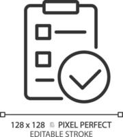 checklista med bockar pixel perfekt linjär ikon. märkning uppgift komplettering. arbete kontrollerande dokumentera. tunn linje illustration. kontur symbol. vektor översikt teckning. redigerbar stroke