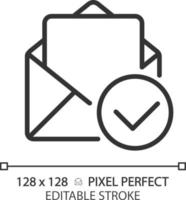 Brief mit prüfen Kennzeichen Pixel perfekt linear Symbol. lesen Botschaft Symbol. öffnen Briefumschlag mit Papier und Tick. dünn Linie Illustration. Kontur Symbol. Vektor Gliederung Zeichnung. editierbar Schlaganfall