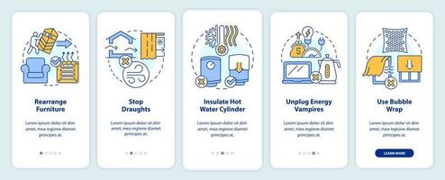 Senkung Heizung Kosten im Winter Tipps Onboarding Handy, Mobiltelefon App Bildschirm. Komplettlösung 5 Schritte editierbar Grafik Anleitung mit linear Konzepte. ui, ux, gui Vorlage vektor