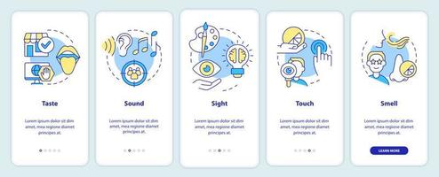 känner av sensorisk marknadsföring onboarding mobil app skärm. lukt, ljud genomgång 5 steg redigerbar grafisk instruktioner med linjär begrepp. ui, ux, gui mall vektor