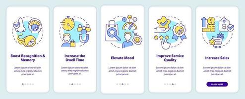 omgivande doftande fördelar onboarding mobil app skärm. upphöja humör genomgång 5 steg redigerbar grafisk instruktioner med linjär begrepp. ui, ux, gui mall vektor