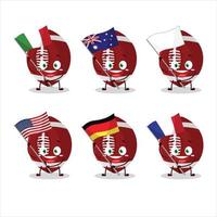 rugby boll tecknad serie karaktär föra de flaggor av olika länder vektor