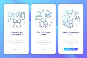 implementieren ciam Strategie Blau Gradient Onboarding Handy, Mobiltelefon App Bildschirm. Komplettlösung 3 Schritte Grafik Anleitung mit linear Konzepte. ui, ux, gui Vorlage vektor