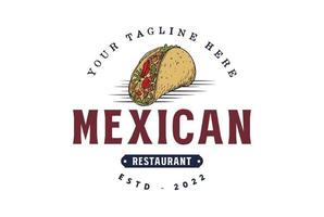 Jahrgang retro heiß würzig Mexikaner Tacos oder heiß Hund Würstchen zum Restaurant Cafe Abzeichen Typografie Logo Design vektor