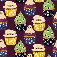 mönster muffins för halloween. bakverk i de form av muffins med en spöke, en mamma, en grön snigel med ögon. tecknad serie vektor. omslag papper för halloween, omslag, mönster, tyg. violett vektor