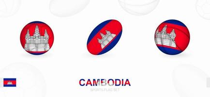 Sport Symbole zum Fußball, Rugby und Basketball mit das Flagge von Kambodscha. vektor