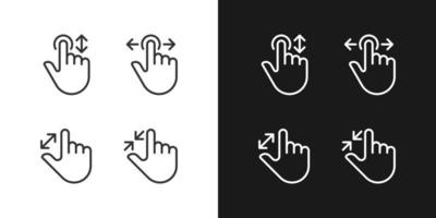 Scrollen und Zoomen Gesten Pixel perfekt linear Symbole einstellen zum dunkel, Licht Modus. Touch-Screen. Gerät Navigation. dünn Linie Symbole zum Nacht, Tag Thema. isoliert Illustrationen. editierbar Schlaganfall vektor