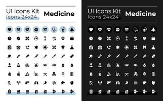 Medizin Glyphe ui Symbole einstellen zum dunkel, Licht Modus. medizinisch Behandlung. Silhouette Symbole zum Nacht, Tag Themen. solide Piktogramme. Vektor isoliert Abbildungen