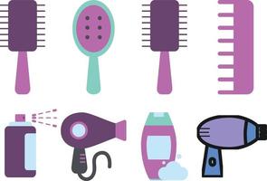 Haar Salon Symbole Satz. Haarbürste, Shampoo, Haar Trockner, Kämme. Vektor Illustration