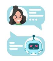 Chatbot Charakter. online Helfer chatten mit Frau, virtuell Roboter Antworten Fragen durch Kunde, Dialog Hilfe Bedienung vektor