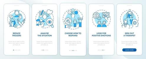 strategier för emotionell reglering blå onboarding mobil app skärm. genomgång 5 steg redigerbar grafisk instruktioner med linjär begrepp. ui, ux, gui mall vektor