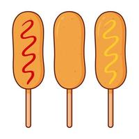 Mais Hunde mit Ketchup und Senf. Würstchen im Teig auf ein Stock mit und ohne Gewürze. süß asiatisch Essen Satz. eben Karikatur Vektor. vektor