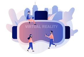 virtuell verklighet begrepp. mycket liten människor använder sig av virtuell verklighet glasögon och stor glasögon på bakgrund. vr cyberrymden. modern platt tecknad serie stil. vektor illustration på vit bakgrund