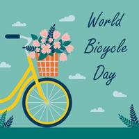 Welt Fahrrad Tag. süß Postkarte mit schön Fahrrad mit Korb von Blumen. Auto kostenlos Tag. zum Poster, Banner, Hintergrund und Hintergrund. Vektor Illustration