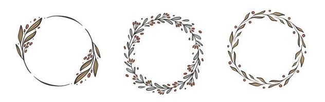 uppsättning av dekorativ cirkel blommig ram. vektor krans med grenar, örter, växter, löv