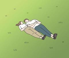 ett par ligger tillsammans på en stor gräsmatta. handritade stilvektordesignillustrationer. vektor