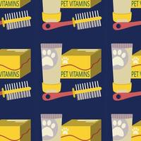 mönster med schampo flaska, hårkam, vitaminer för djur, katter, hundar, sällskapsdjur vård. vektor