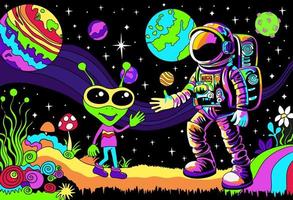 Treffen von Astronaut und Außerirdischer. psychedelisch Landschaft. Raum erkunden Karikatur Banner vektor