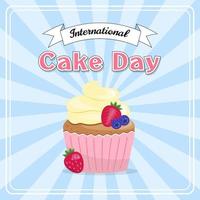 hälsning kort för internationell kaka dag, gott muffin med jordgubbar, körsbär och blåbär på vektor bakgrund