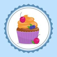 süß glücklich Geburtstag Karte mit ein Cupcake mit Kirschen und Blaubeeren. eben Stil Vektor Illustration