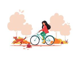 Frau, die Fahrrad mit Hund im Herbstpark reitet. gesunder Lebensstil, Outdoor-Aktivitätskonzept. Vektorillustration. vektor
