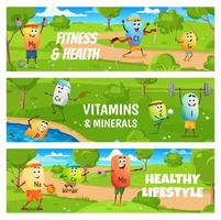 kondition, hälsa, tecknad serie vitaminer, mineraler, sport vektor