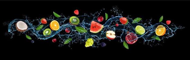 Wasser Welle fließen Spritzen, Früchte, Beeren und Blätter vektor