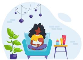 Stillkonzept. schwarze Frau füttert ein Baby mit Brust, sitzend auf Sessel. Weltstilltag. Vektorillustration vektor