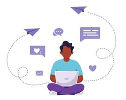 svart man sitter med bärbar dator. frilans, online-studier, fjärrarbetskoncept. vektor illustration