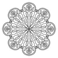 Blumenmandala mit schwarzem Umriss. kritzeln sie rundes dekoratives element für das malbuch, das auf weißem hintergrund lokalisiert wird. floraler geometrischer Kreis. vektor