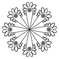 Blumenmandala mit schwarzem Umriss. kritzeln sie rundes dekoratives element für das malbuch, das auf weißem hintergrund lokalisiert wird. floraler geometrischer Kreis. vektor