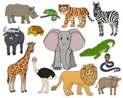 uppsättning vektor tecknad isolerade disposition savann djur. tiger, lejon, noshörning, vanlig vårtsvin, afrikansk buffel, sköldpadda, kameleont, zebra, struts, elefant, giraff, krokodil, cobra för barn