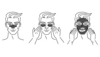 ung man med ansikte mask, spa och hud vård för män på vit bakgrund, linjär logotyp minimalistisk stil. skönhet kropp vård begrepp. vektor design illustration.