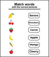 match ord med de korrekt bild. en kalkylblad till få matchande syn ord kalkylblad för småbarn vektor