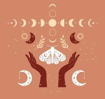 Vektor Illustration von Henna Mystiker Mudra Hände, Mond und Sterne. aztekisch Stil, Stammes- Kunst, ethnisch Sammlung, Design isoliert auf Beige Hintergrund.