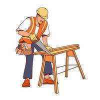 byggare sågning plankor. snickare reparatör. byggnad arbete tjänster. vektor illustration.