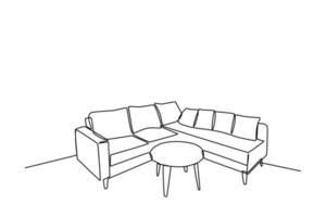 kontinuierlich einer Linie Zeichnung Innere von das Leben Zimmer mit Sofa und Dekoration Zubehör. Leben Zimmer Konzept. Single Linie zeichnen Design Vektor Grafik Illustration.