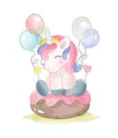 söt enhörning sitter på munk tårta och ballonger illustration vektor