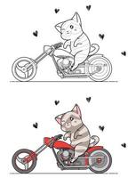 entzückende Katze reitet Motorrad Cartoon Malvorlagen für Kinder vektor
