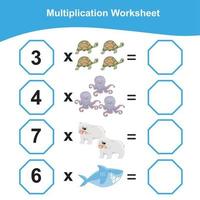 Multiplikation Arbeitsblatt zum Kinder. Zählen Mathematik Arbeitsblatt. druckbar Mathematik Arbeitsblatt. Vektor Illustration.