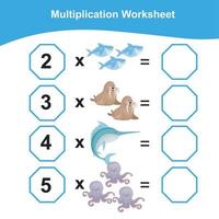 multiplikation kalkylblad för barn. räkning matematik arbetsblad. tryckbar matematik arbetsblad. vektor illustration.