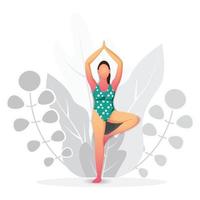 internationell yogadag, flicka som står på ett ben, ung dam som tränar yoga vektor