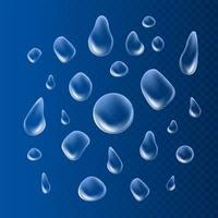 droppar. flytande klar liten droppe. dagg på glas yta. vektor illustration på blå bakgrund