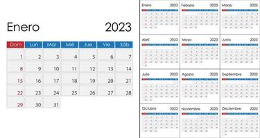 Kalender 2023 auf Spanisch Sprache, Woche Start auf Sonntag. Vektor Vorlage