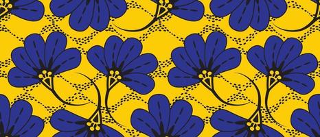 afrikansk vax skriva ut mönster. sömlös skön kitenge, chitenge, dutch vax, och angara stil. mode design i färgrik. blå botanisk blomma på gul bakgrund. afrikansk vax skriva ut tyg. vektor