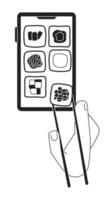 japansk snabb mat beställa uppkopplad svartvit begrepp vektor fläck illustration. redigerbar 2d platt bw tecknad serie först se hand för webb ui design. kreativ linjär hjälte bild för landningar, mobil headers