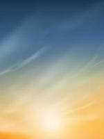 solnedgång himmel med moln i blå, orange, gul Färg bakgrund, dramatisk skymning landskap med solnedgång i kväll, vektor horisont soluppgång i morgon- baner av solljus för fyra säsong bakgrund baner
