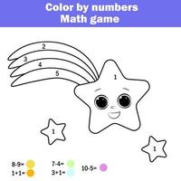 Kinder lehrreich Spiel. Mathematik Aktivität. Farbe durch Zahlen, druckbar Arbeitsblatt. Färbung Seite mit fallen Stern. Lernen Zusatz und Subtraktion. Zählen Spiel vektor
